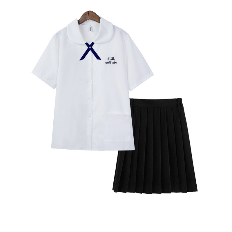 Školska košulja s uzorkom slova, kolegijalni stil, kratki rukavi, stojeći ovratnik, vezenje