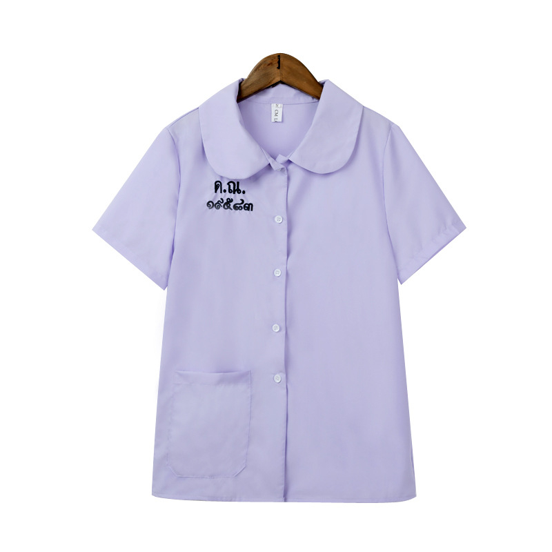 Školska košulja s uzorkom slova, kolegijalni stil, kratki rukavi, stojeći ovratnik, vezenje