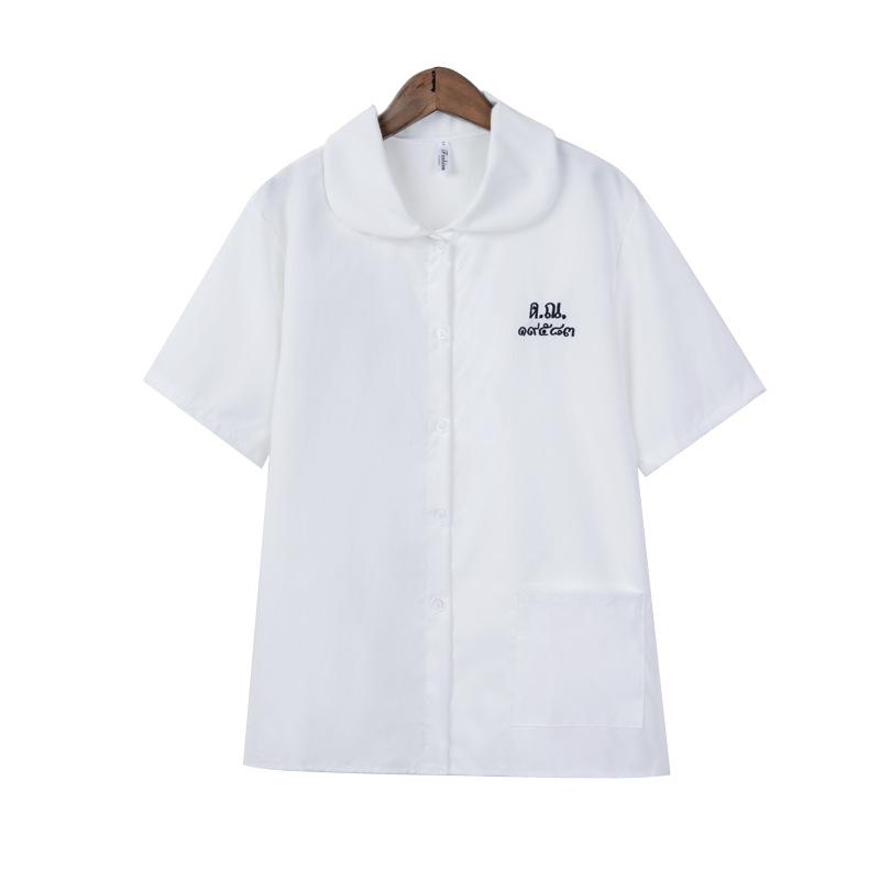 Školska košulja s uzorkom slova, kolegijalni stil, kratki rukavi, stojeći ovratnik, vezenje