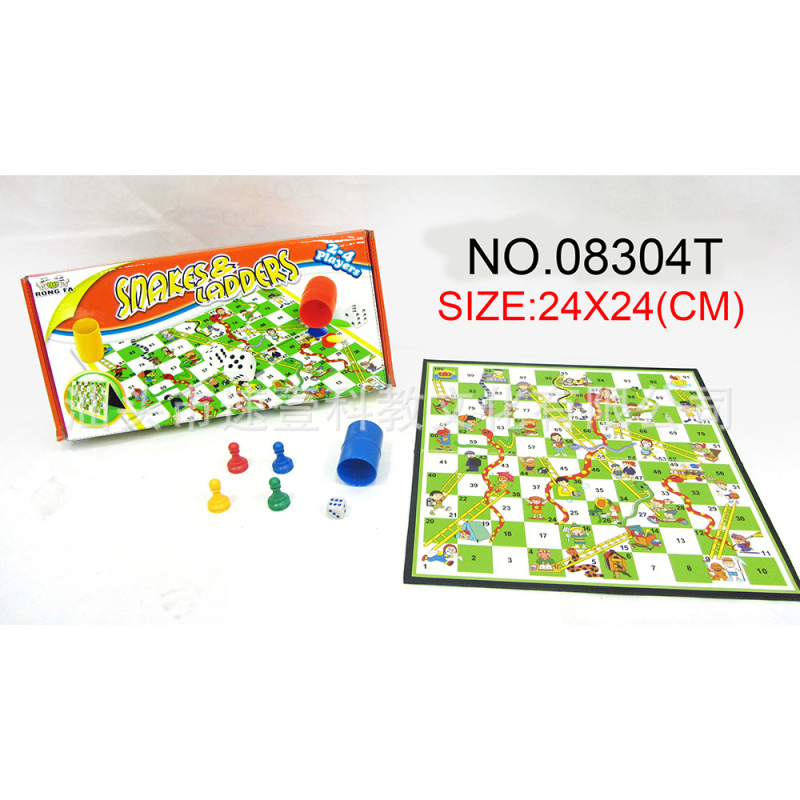 Sklopiva višestruka ploča za šah, Snakes and Ladders i Ludo — karton-plastika konstrukcija; pogodna za uzrast 4–35 godina.