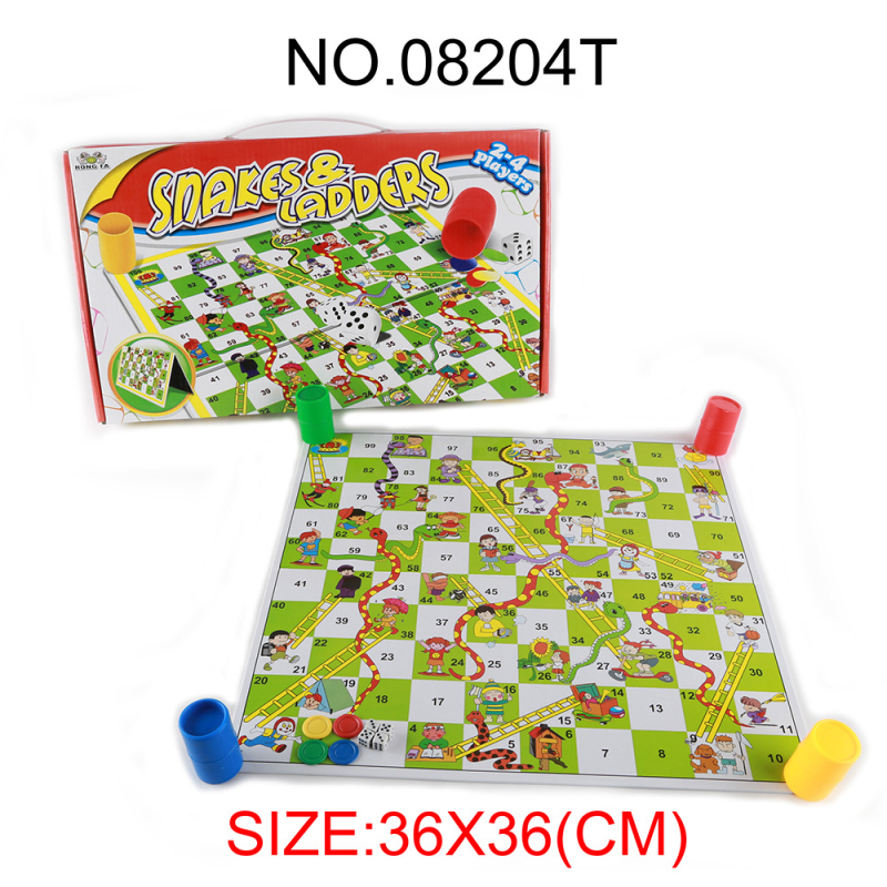 Sklopiva višestruka ploča za šah, Snakes and Ladders i Ludo — karton-plastika konstrukcija; pogodna za uzrast 4–35 godina.