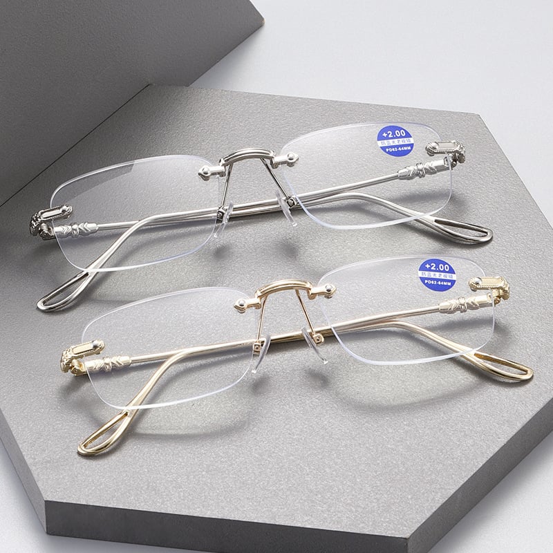 Bezokvirne metalne naočale za čitanje s edge-cut dizajnom, sočiva od smole, zaštita od plave svjetlosti, presbiopijske, kvadratnog oblika, za odrasle