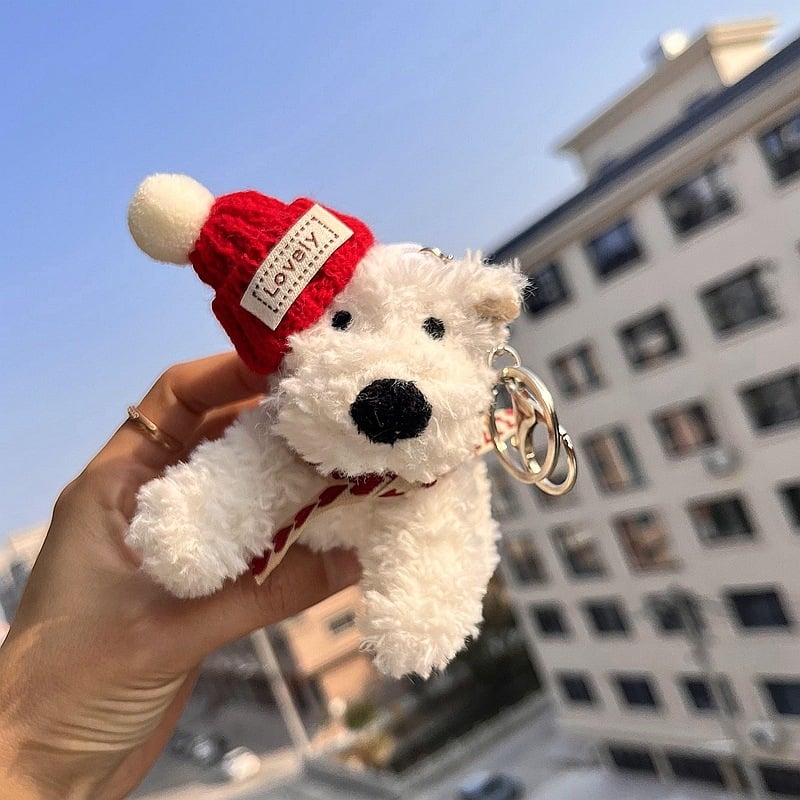 Kulcstartó plüss West Highland karikatúra stílusú kiskutya (plüss, karikatúra stílus, West Highland)