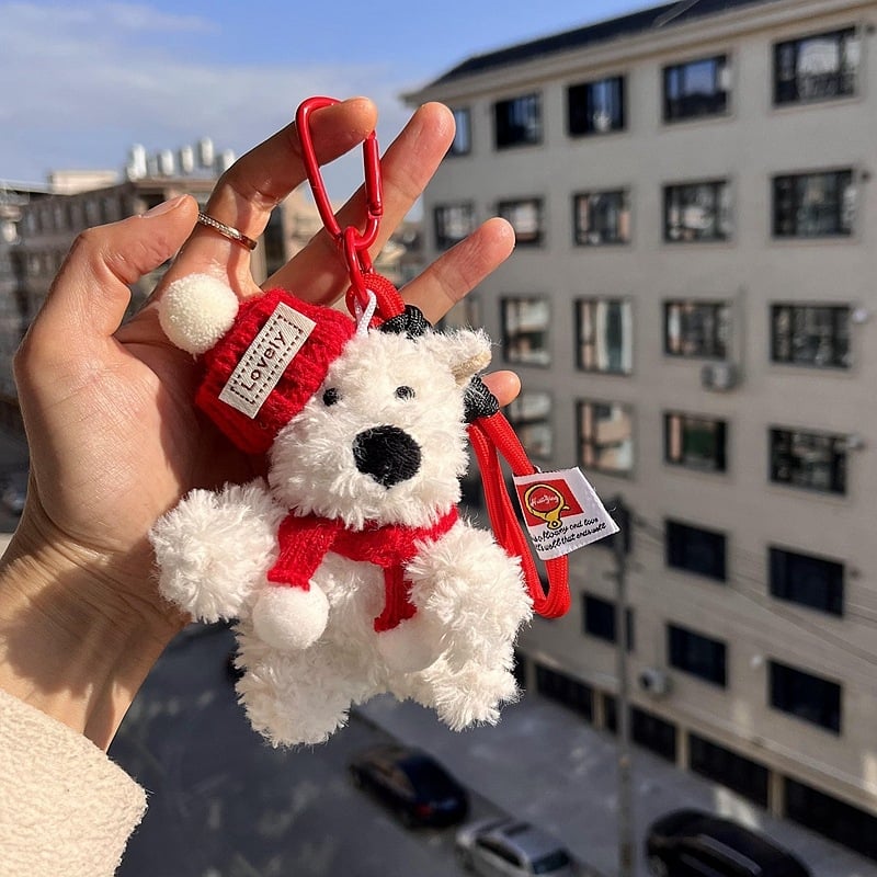 Kulcstartó plüss West Highland karikatúra stílusú kiskutya (plüss, karikatúra stílus, West Highland)