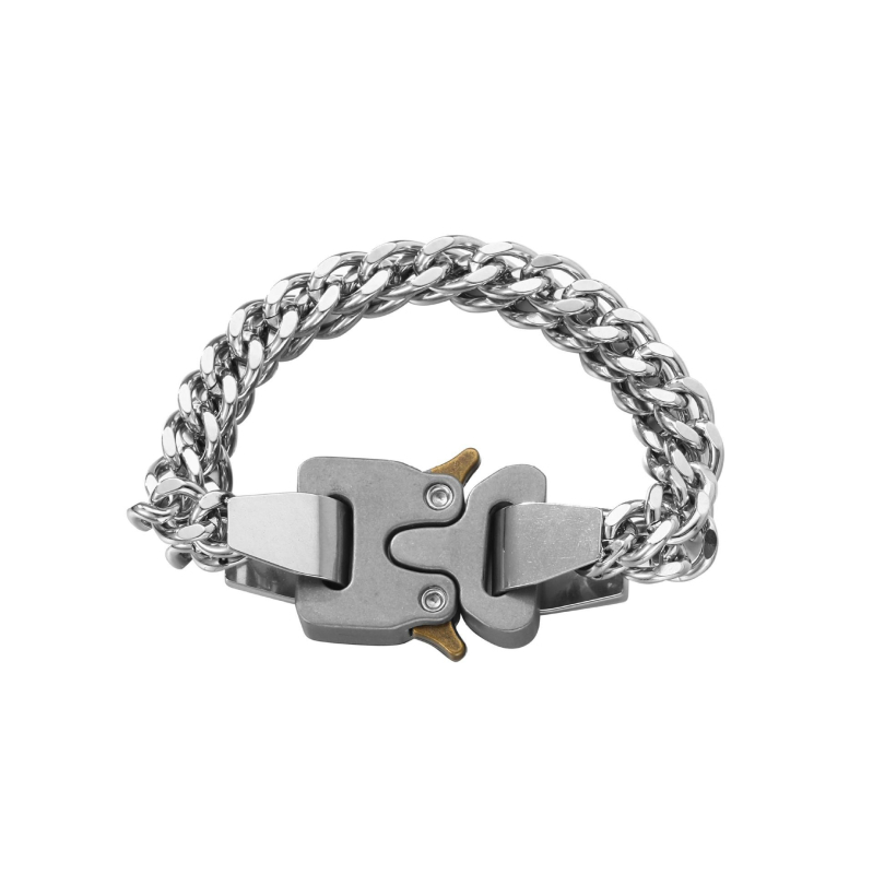 Uniszex fém karkötő zárral, kubai lánc, elektroplattálás, hip-hop stílus, geometriai dizájn (anyag: titánacél; feldolgozás: elektroplattálás; tömeg: 73,5 g)