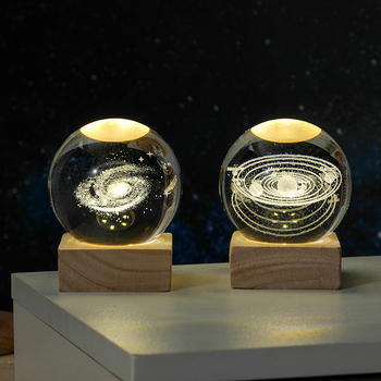 3D гравирана кристална сфера, светеща нощна лампа, настолен декор, стъклен абажур, захранване от контакта