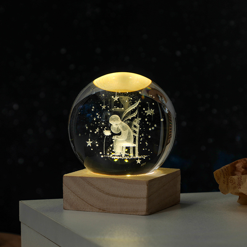 3D гравирана кристална сфера, светеща нощна лампа, настолен декор, стъклен абажур, захранване от контакта