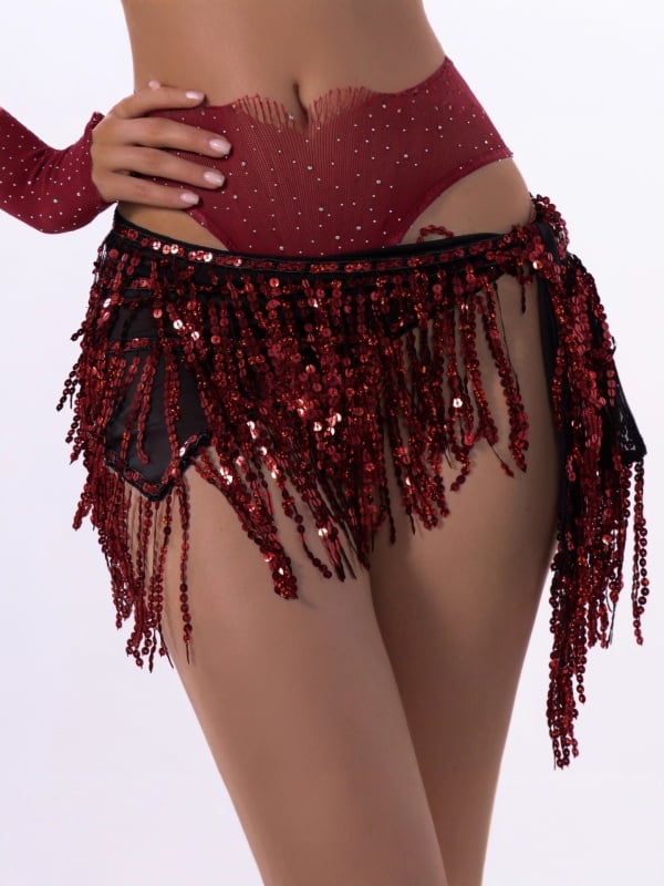 Četveroslojni pojas za belly dance s kristalima i resicama, pojas za struk i trening suknja