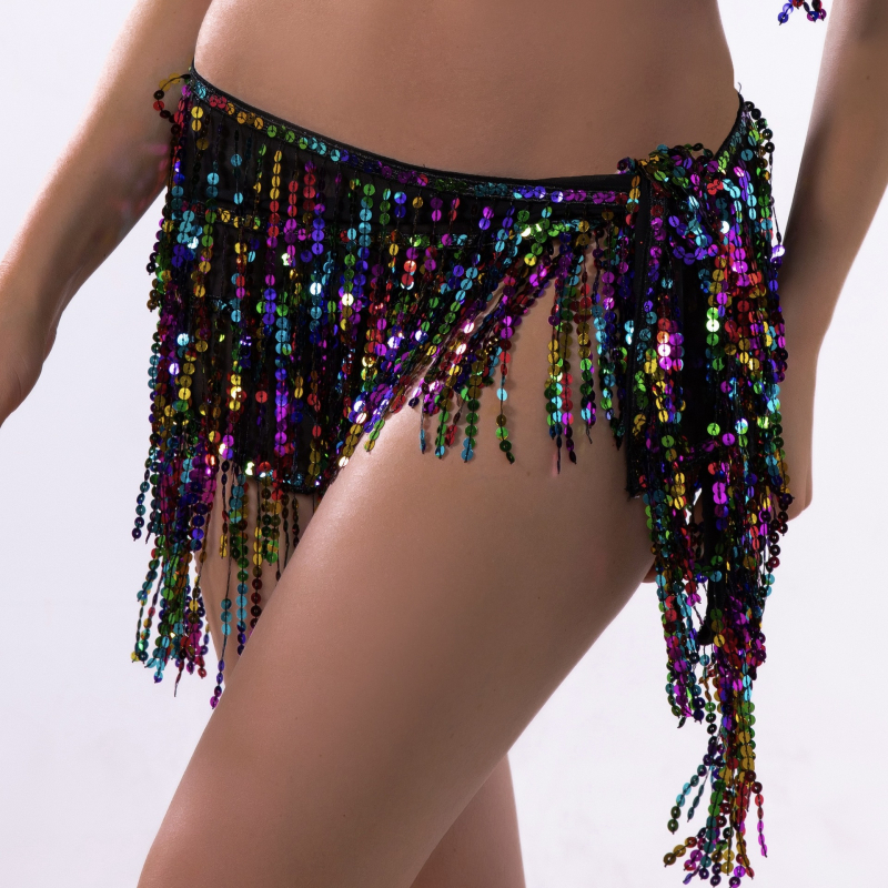 Četveroslojni pojas za belly dance s kristalima i resicama, pojas za struk i trening suknja