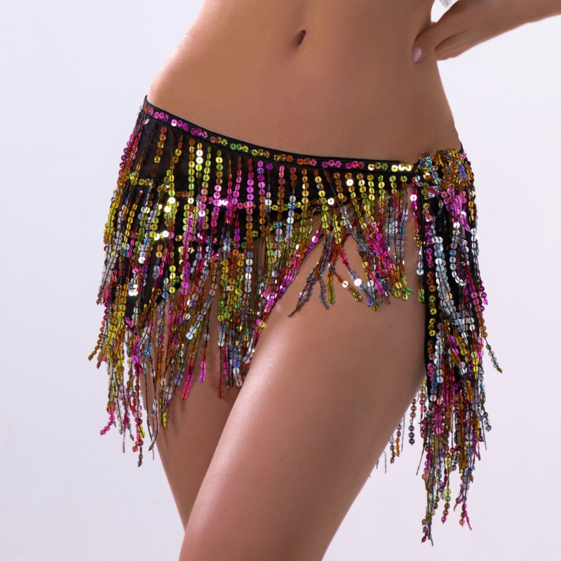 Četveroslojni pojas za belly dance s kristalima i resicama, pojas za struk i trening suknja