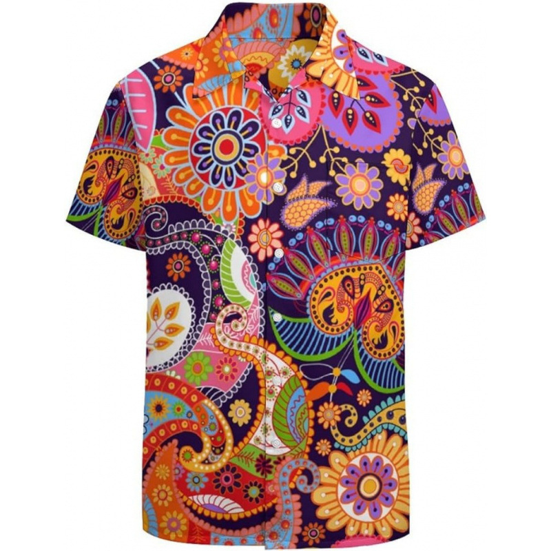 3D nyomtatott virágos ing, reveres gallérral, rövid ujjú, poliészter anyag, karcsú szabás