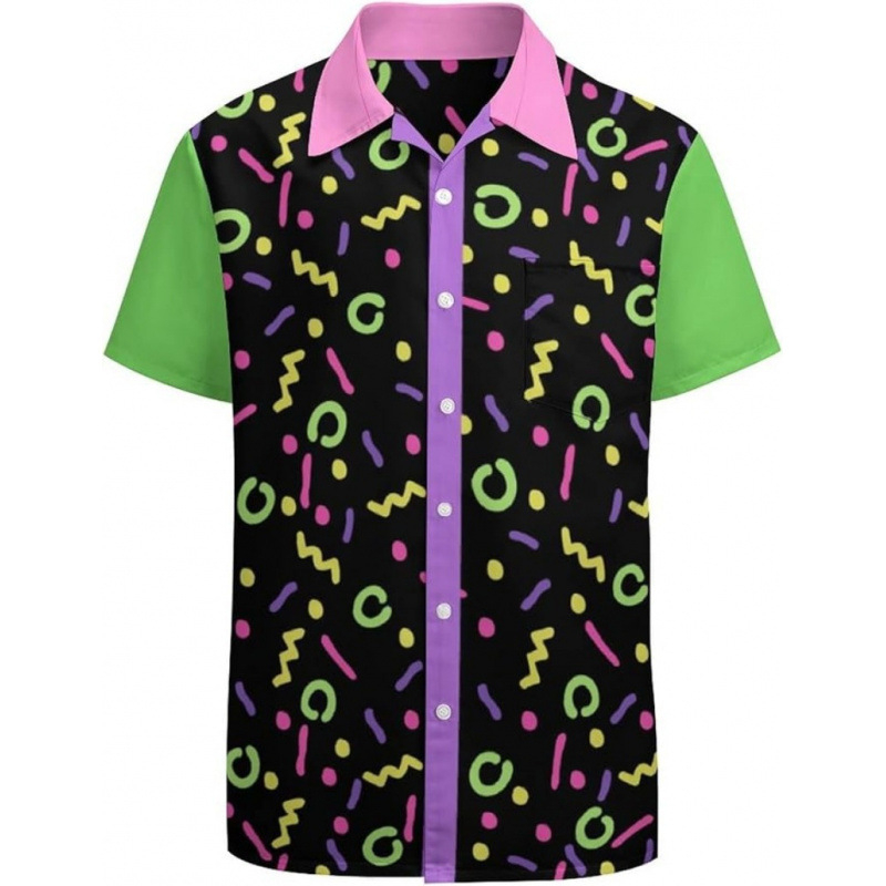 3D nyomtatott virágos ing, reveres gallérral, rövid ujjú, poliészter anyag, karcsú szabás