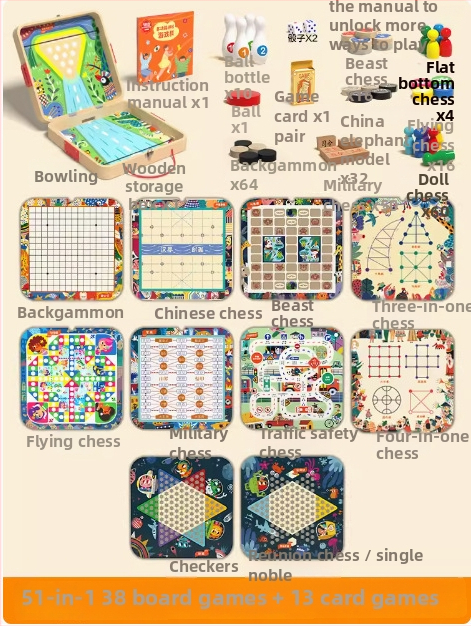 Drvena višefunkcionalna društvena igra: šah, dama i Ludo na jednoj ploči – materijal: drvo; kategorija: društvena igra; dobna skupina: 4–6, 7–14, 15–35; pakiranje: šarena kutija