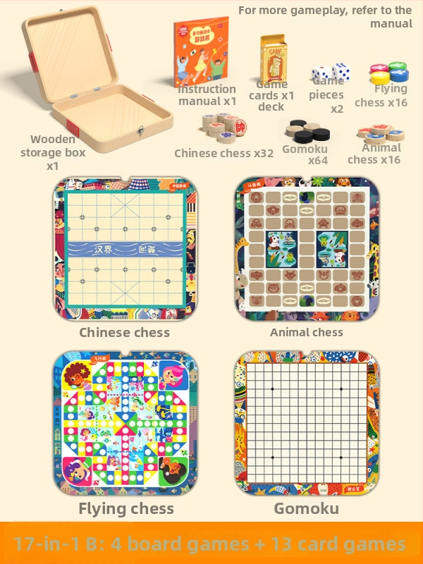 Drvena višefunkcionalna društvena igra: šah, dama i Ludo na jednoj ploči – materijal: drvo; kategorija: društvena igra; dobna skupina: 4–6, 7–14, 15–35; pakiranje: šarena kutija