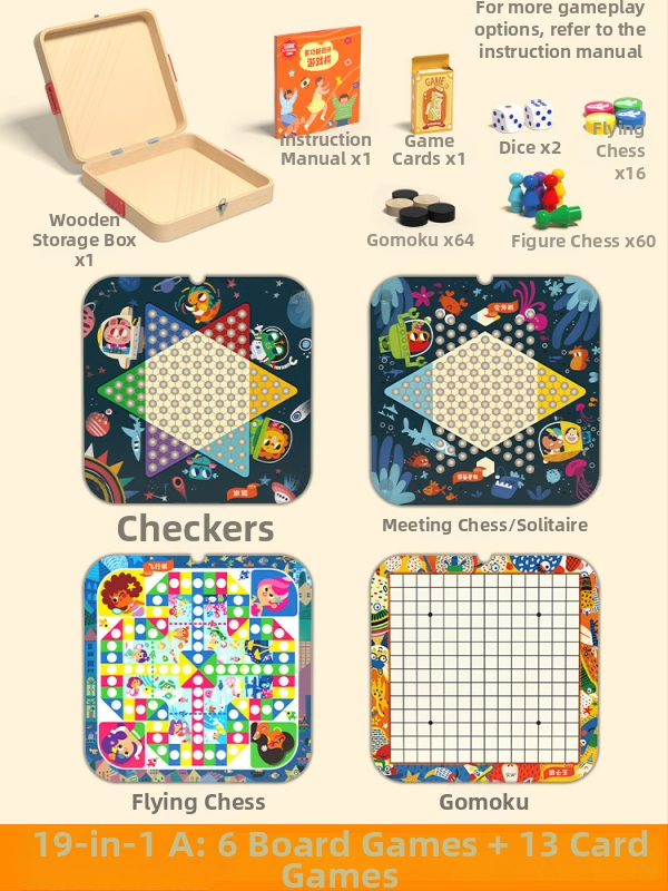 Drvena višefunkcionalna društvena igra: šah, dama i Ludo na jednoj ploči – materijal: drvo; kategorija: društvena igra; dobna skupina: 4–6, 7–14, 15–35; pakiranje: šarena kutija