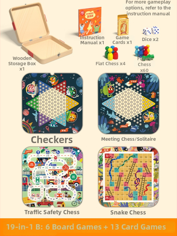 Drvena višefunkcionalna društvena igra: šah, dama i Ludo na jednoj ploči – materijal: drvo; kategorija: društvena igra; dobna skupina: 4–6, 7–14, 15–35; pakiranje: šarena kutija