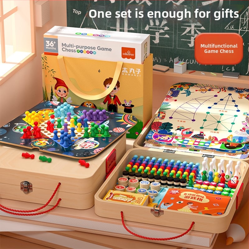 Drvena višefunkcionalna društvena igra: šah, dama i Ludo na jednoj ploči – materijal: drvo; kategorija: društvena igra; dobna skupina: 4–6, 7–14, 15–35; pakiranje: šarena kutija