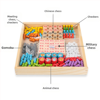 Drveni višefunkcionalni set društvenih igara za djecu: uključuje tic-tac-toe, dama, gomoku i kineski šah; multifunkcionalni stolni set za uzrast 4–6 godina