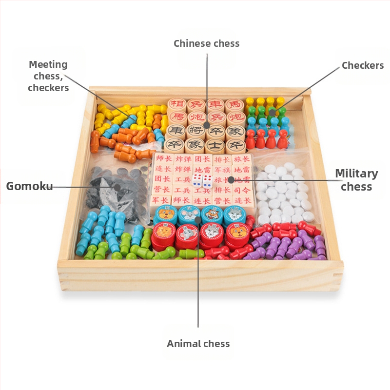 Drveni višefunkcionalni set društvenih igara za djecu: uključuje tic-tac-toe, dama, gomoku i kineski šah; multifunkcionalni stolni set za uzrast 4–6 godina