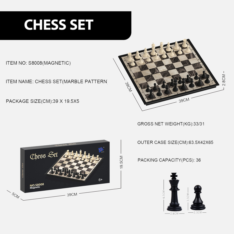 Višestruki magnetski putni šahovski set: šah, Flying Chess, Snake Chess; sklopiva magnetska ploča; materijal: plastika; marka QM; uzrast 4–14 godina