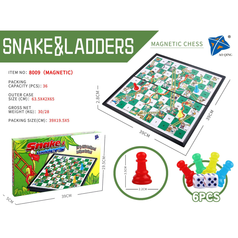 Višestruki magnetski putni šahovski set: šah, Flying Chess, Snake Chess; sklopiva magnetska ploča; materijal: plastika; marka QM; uzrast 4–14 godina