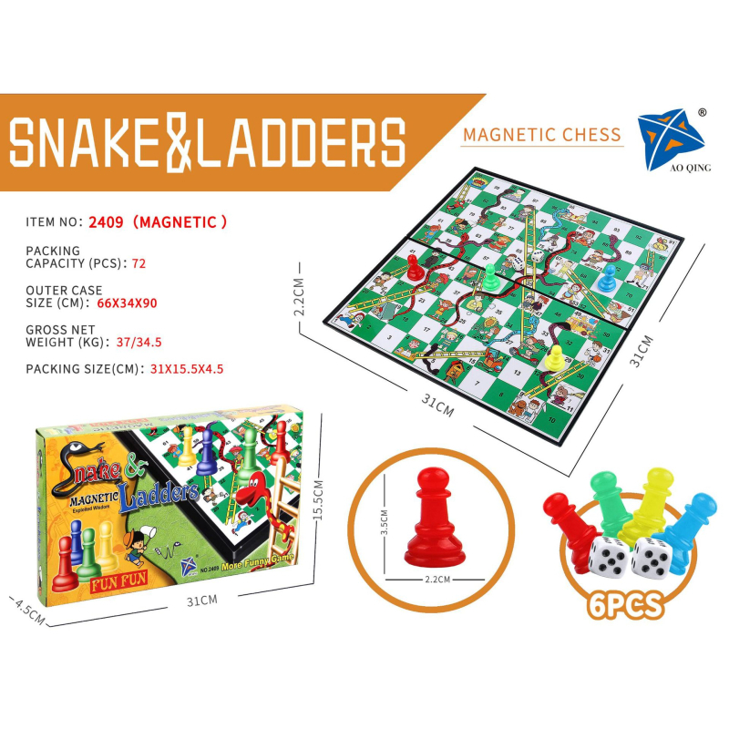 Višestruki magnetski putni šahovski set: šah, Flying Chess, Snake Chess; sklopiva magnetska ploča; materijal: plastika; marka QM; uzrast 4–14 godina