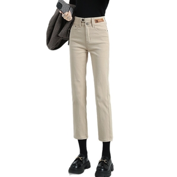 Ženske traperice s ravnim krojem, flis navlaka, visokim strukom, duljina 9/10, 70–80% pamuka