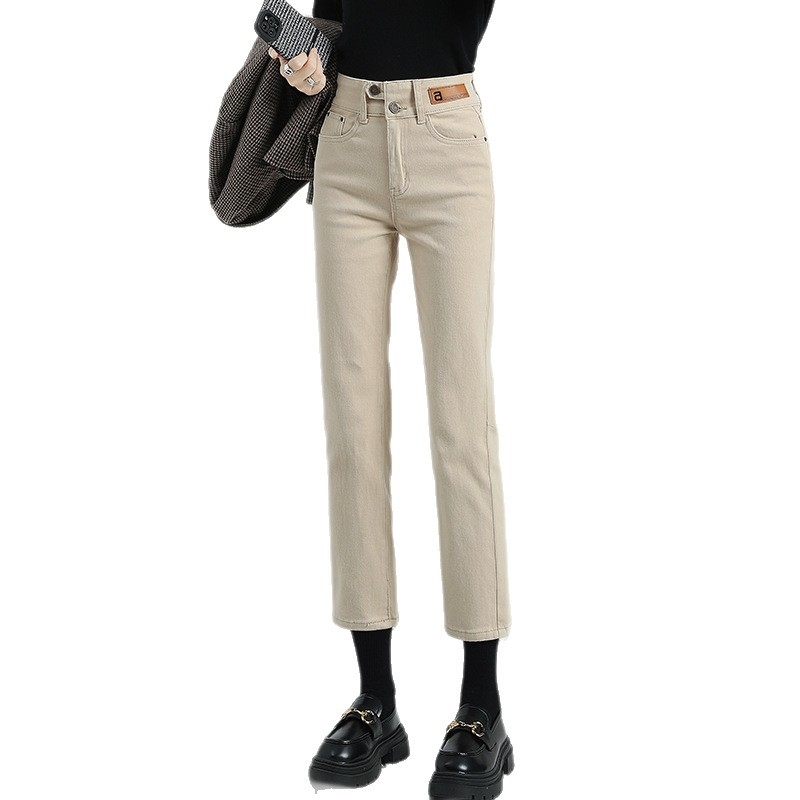 Ženske traperice s ravnim krojem, flis navlaka, visokim strukom, duljina 9/10, 70–80% pamuka