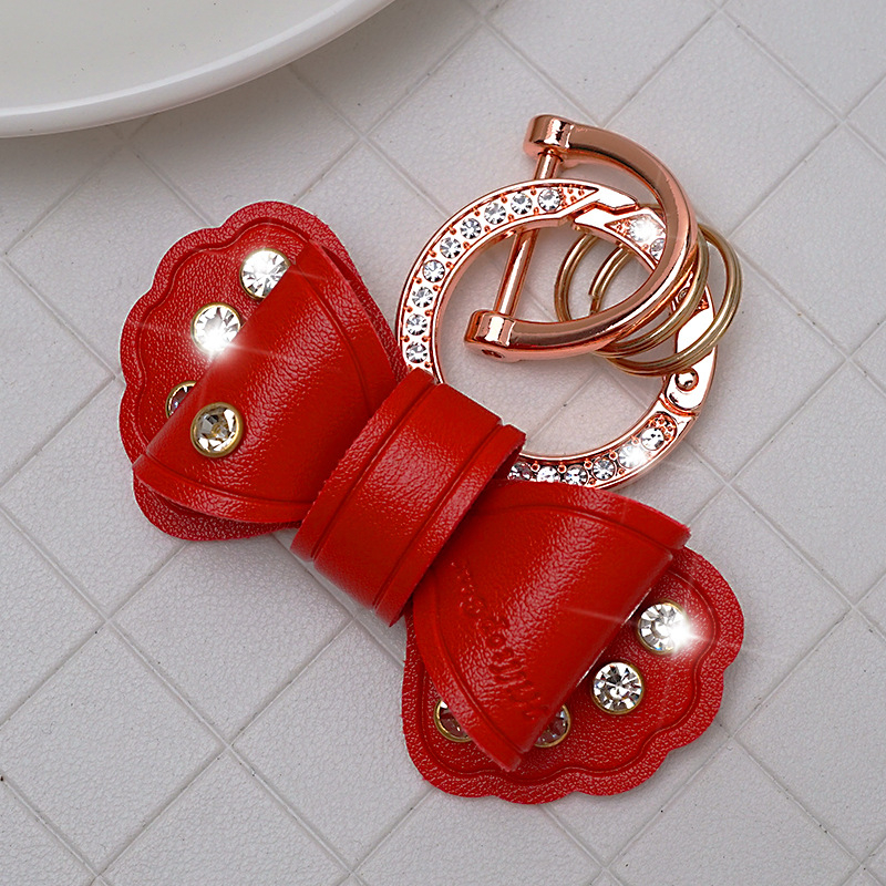 Pandantiv pentru chei auto din piele, cu funda diamantată, design simplu, personalizare disponibilă