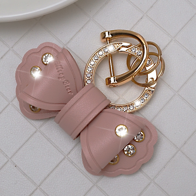 Pandantiv pentru chei auto din piele, cu funda diamantată, design simplu, personalizare disponibilă