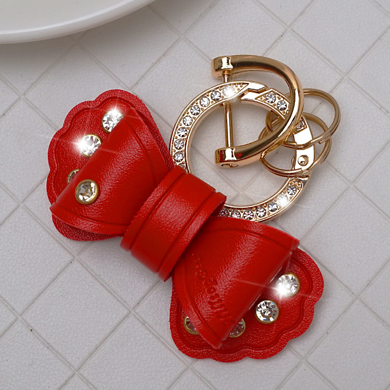 Pandantiv pentru chei auto din piele, cu funda diamantată, design simplu, personalizare disponibilă