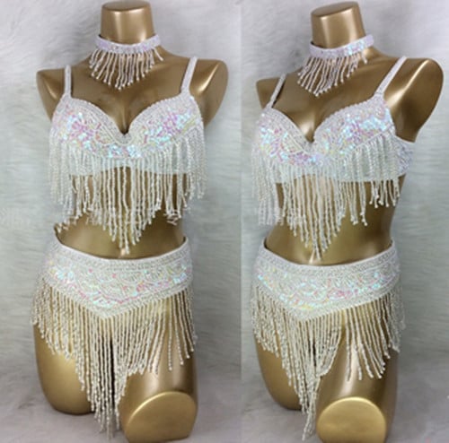 Комплект за танц на корема с ръчно бродиран сутиен и пискюли, три части, унисекс, плат Спандекс, пускане през пролетта 2025