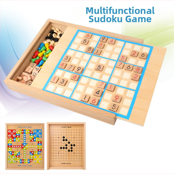 Drveni set Sudoku i društvena igra s mrežama 4×4, 6×6 i 9×9; uključuje Ludo i Gomoku; pet u jednom s kliznim dizajnom za obiteljsku igru