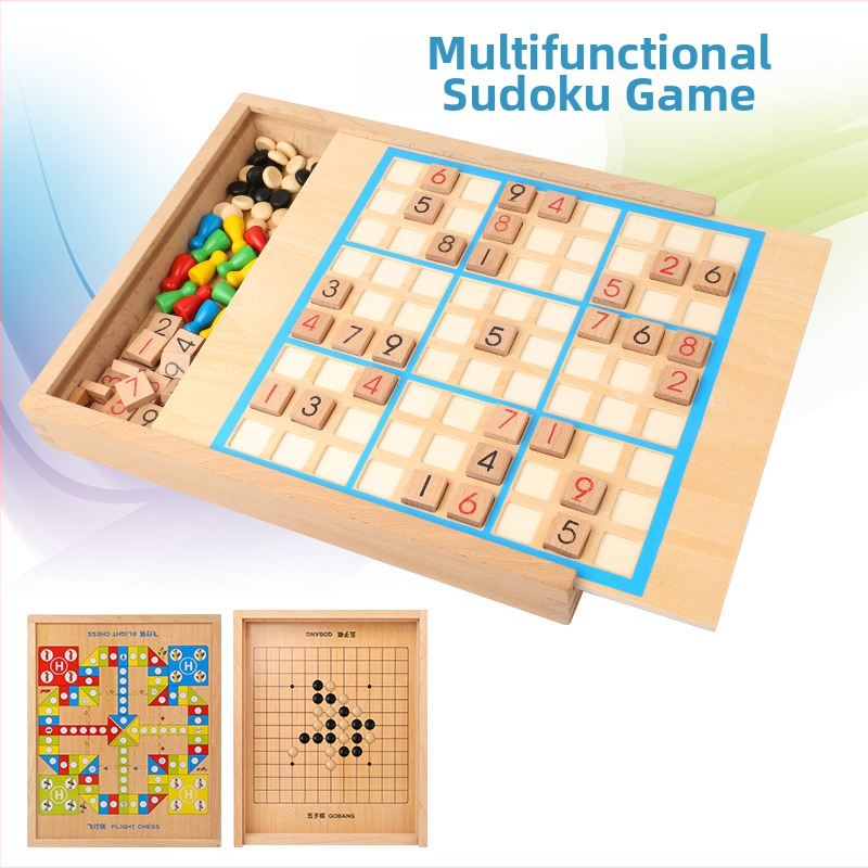 Drveni set Sudoku i društvena igra s mrežama 4×4, 6×6 i 9×9; uključuje Ludo i Gomoku; pet u jednom s kliznim dizajnom za obiteljsku igru