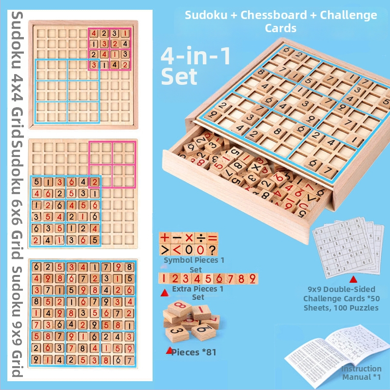 Drveni set Sudoku i društvena igra s mrežama 4×4, 6×6 i 9×9; uključuje Ludo i Gomoku; pet u jednom s kliznim dizajnom za obiteljsku igru