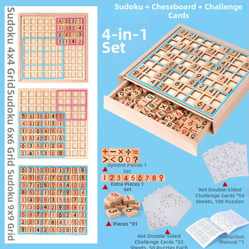 Drveni set Sudoku i društvena igra s mrežama 4×4, 6×6 i 9×9; uključuje Ludo i Gomoku; pet u jednom s kliznim dizajnom za obiteljsku igru