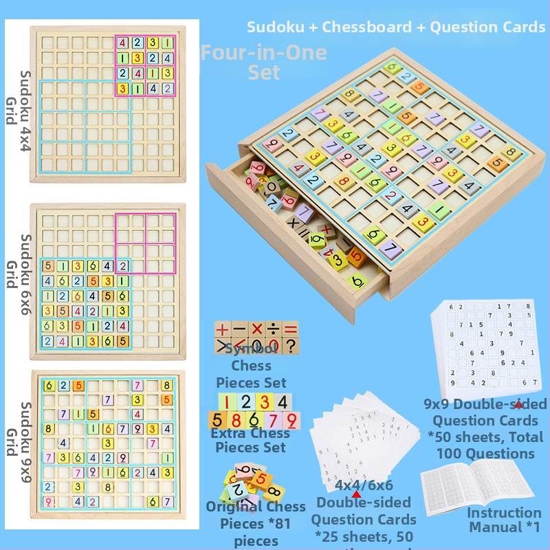 Drveni set Sudoku i društvena igra s mrežama 4×4, 6×6 i 9×9; uključuje Ludo i Gomoku; pet u jednom s kliznim dizajnom za obiteljsku igru