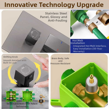 Ugradni tuš set, bakreno tijelo, kvadratni oblik, kromirana završna obrada, funkcije: raspršivanje, kontrola temperature, stalna temperatura, automatsko punjenje
