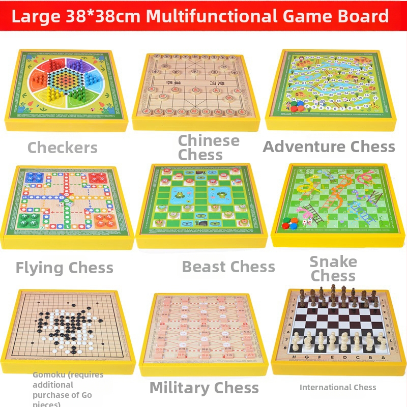 Višenamjenski drveni društveni sklop s osam igara u jednom: Gobang, Flying Chess, Xiangqi, Checkers i Jungle Animal Chess – Wooden Master; pogodno za djecu do 14 godina.