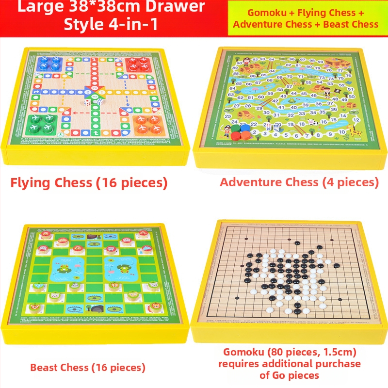 Višenamjenski drveni društveni sklop s osam igara u jednom: Gobang, Flying Chess, Xiangqi, Checkers i Jungle Animal Chess – Wooden Master; pogodno za djecu do 14 godina.