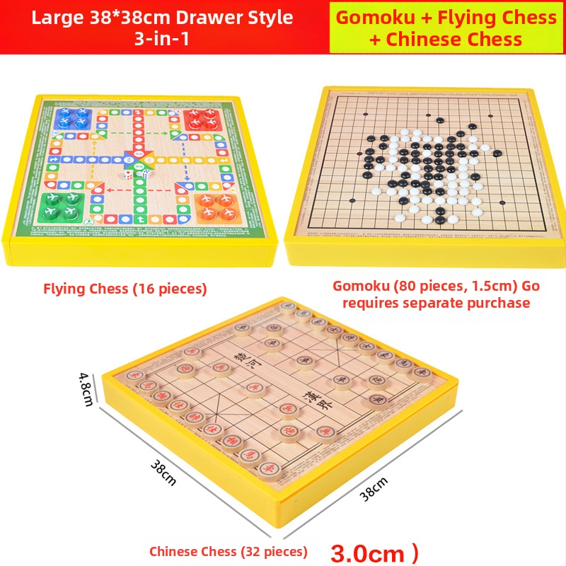 Višenamjenski drveni društveni sklop s osam igara u jednom: Gobang, Flying Chess, Xiangqi, Checkers i Jungle Animal Chess – Wooden Master; pogodno za djecu do 14 godina.