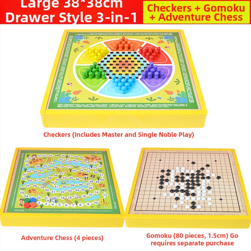 Višenamjenski drveni društveni sklop s osam igara u jednom: Gobang, Flying Chess, Xiangqi, Checkers i Jungle Animal Chess – Wooden Master; pogodno za djecu do 14 godina.