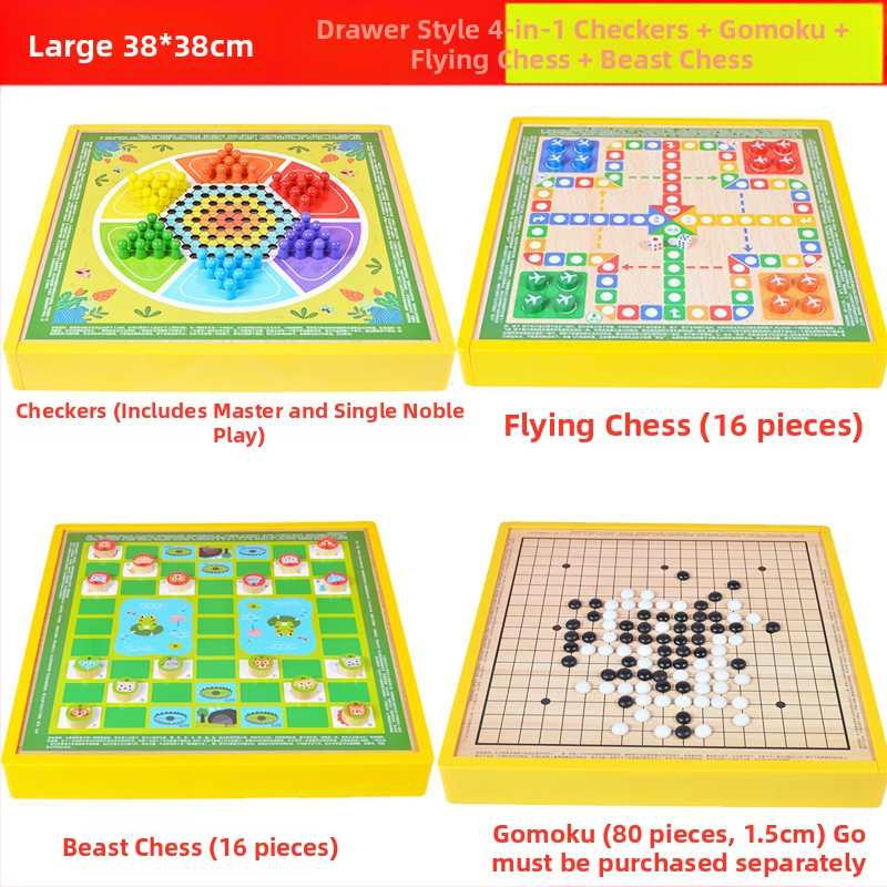 Višenamjenski drveni društveni sklop s osam igara u jednom: Gobang, Flying Chess, Xiangqi, Checkers i Jungle Animal Chess – Wooden Master; pogodno za djecu do 14 godina.