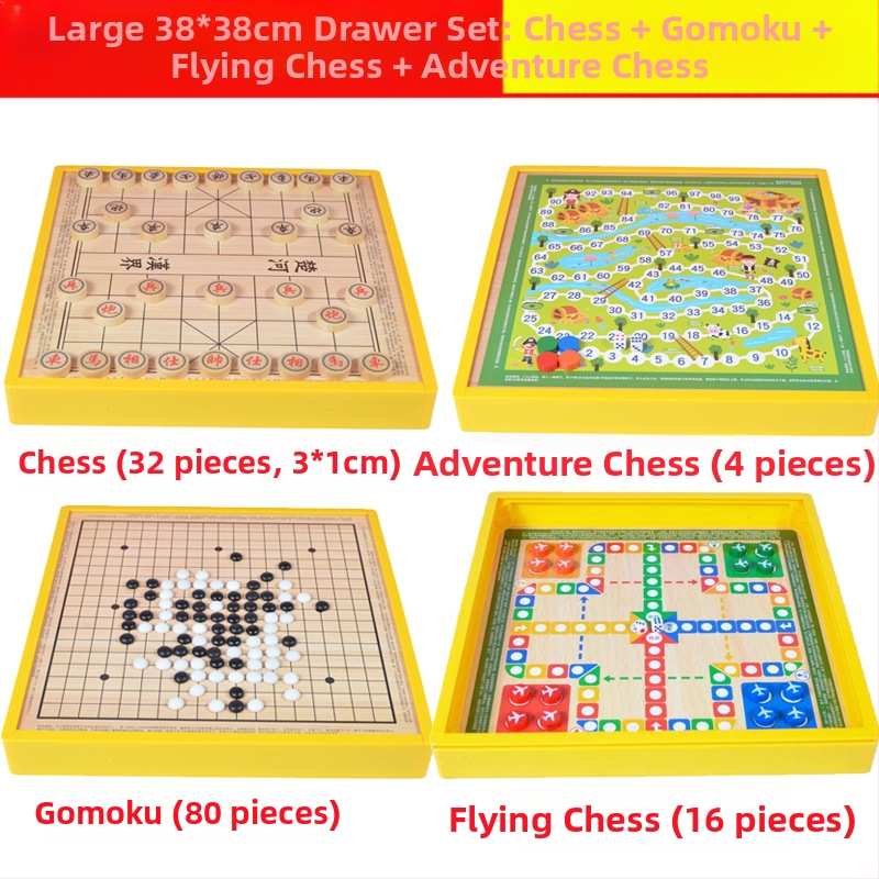 Višenamjenski drveni društveni sklop s osam igara u jednom: Gobang, Flying Chess, Xiangqi, Checkers i Jungle Animal Chess – Wooden Master; pogodno za djecu do 14 godina.