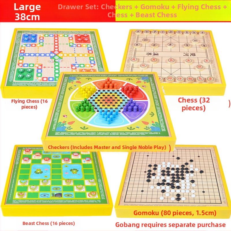 Višenamjenski drveni društveni sklop s osam igara u jednom: Gobang, Flying Chess, Xiangqi, Checkers i Jungle Animal Chess – Wooden Master; pogodno za djecu do 14 godina.