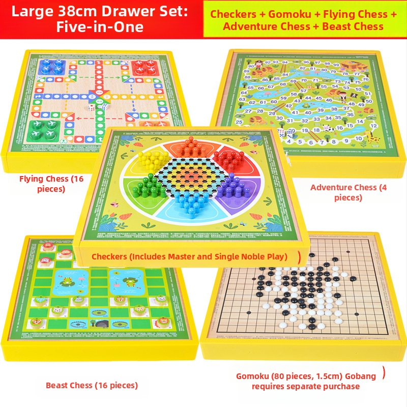 Višenamjenski drveni društveni sklop s osam igara u jednom: Gobang, Flying Chess, Xiangqi, Checkers i Jungle Animal Chess – Wooden Master; pogodno za djecu do 14 godina.