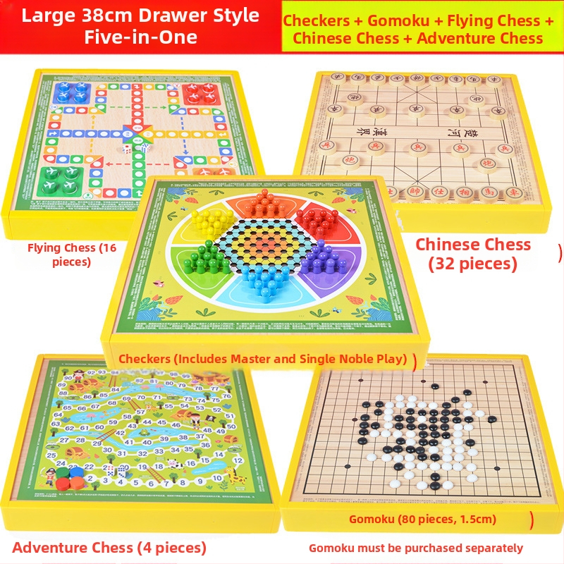 Višenamjenski drveni društveni sklop s osam igara u jednom: Gobang, Flying Chess, Xiangqi, Checkers i Jungle Animal Chess – Wooden Master; pogodno za djecu do 14 godina.