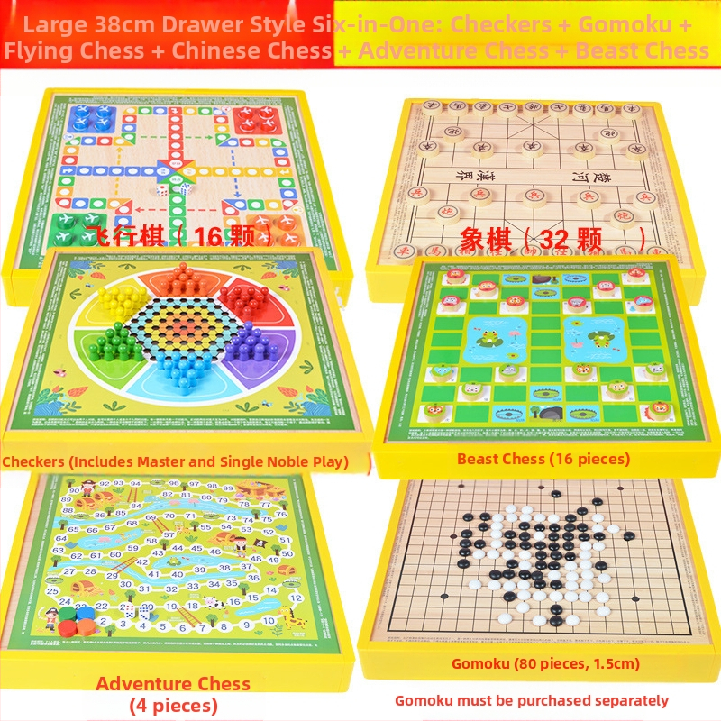 Višenamjenski drveni društveni sklop s osam igara u jednom: Gobang, Flying Chess, Xiangqi, Checkers i Jungle Animal Chess – Wooden Master; pogodno za djecu do 14 godina.