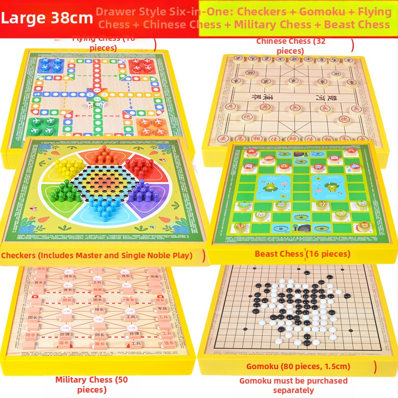 Višenamjenski drveni društveni sklop s osam igara u jednom: Gobang, Flying Chess, Xiangqi, Checkers i Jungle Animal Chess – Wooden Master; pogodno za djecu do 14 godina.