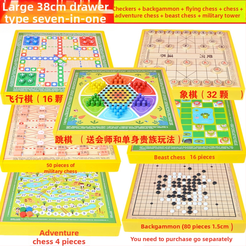 Višenamjenski drveni društveni sklop s osam igara u jednom: Gobang, Flying Chess, Xiangqi, Checkers i Jungle Animal Chess – Wooden Master; pogodno za djecu do 14 godina.